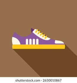 Purple and yellow sneaker casting a long shadow on a brown background