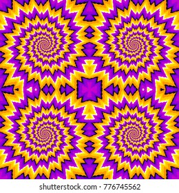 Purple and yellow spirals. Optical expansion illusion. Seamless pattern.