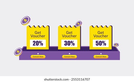 Purple and yellow three voucher Coupons Label with collect Now CTA. White Background 