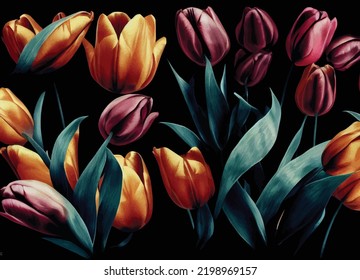 Purple and yellow tulips on a black background. Luxury design 