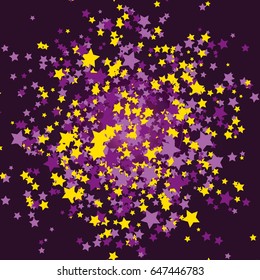 Purple and yellow vector stars falling down or flying in the space. Modern trendy cosmic background. Glitter sparkling stars in cosmos. Star confetti, shining sparkles. Celebration, luxury lifestyle.