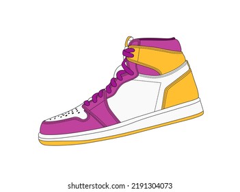 Purple, yellow, white colors vector sneaker silhouette. High top basketball trainers isolated on white background. Trendy sport style shoes logo. Casual fashion shoes, side view. Modern training shoe