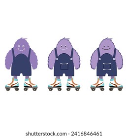 Purple Yetis on roller. Yeti vector illustration. Monscter charactersю Vector illustration EPS 8