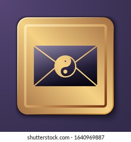 Purple Yin Yang and envelope icon isolated on purple background. Symbol of harmony and balance. Gold square button. Vector Illustration
