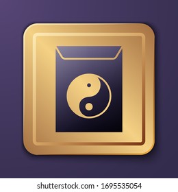 Purple Yin Yang and envelope icon isolated on purple background. Symbol of harmony and balance. Gold square button. Vector Illustration