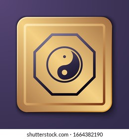 Purple Yin Yang symbol of harmony and balance icon isolated on purple background. Gold square button. Vector Illustration