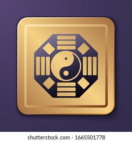 Purple Yin Yang symbol of harmony and balance icon isolated on purple background. Gold square button. Vector Illustration