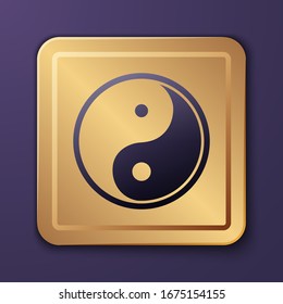Purple Yin Yang symbol of harmony and balance icon isolated on purple background. Gold square button. Vector Illustration