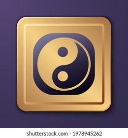Purple Yin Yang symbol of harmony and balance icon isolated on purple background. Gold square button. Vector Illustration