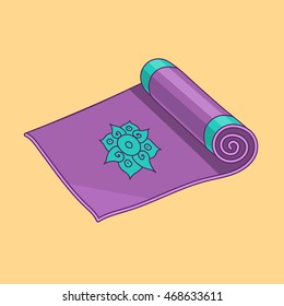 Purple yoga mat for yoga studio or gym. Vector EPS10 cartoon illustration.