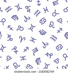 Purple zodiacal signs seamless pattern with white background.