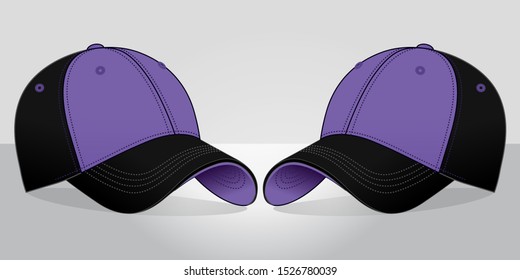 Purple-Black Baseball Cap with Under Visor Design on Gray Background, Vector File.