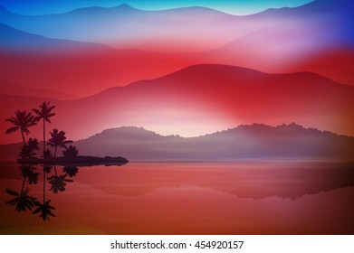Purple-blue background with sea and palm trees at night. EPS10 vector.