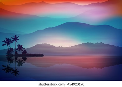 Purple-blue background with sea and palm trees at night. EPS10 vector.