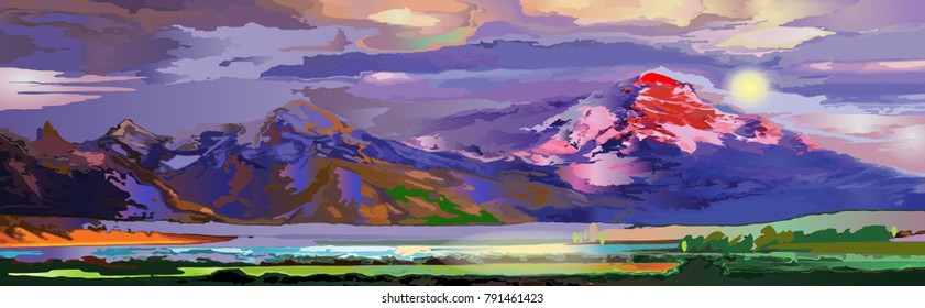 Purple-blue beautiful landscape with sea and mountains vector illustration