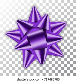 Purple,bow ribbon decor element package Shiny color satin decoration gift present isolated white transparent background. Christmas New Year celebration, birthday holiday design Vector illustration