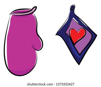 A purple-colored hand glove used in cooking placed along with a red colored heart printed napkin vector color drawing or illustration 