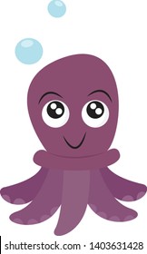 A purple-colored octopus with trailing tentacles and with eyes rolled up has a cute smile over white background with two blue bubbles drifting through the air, vector, color drawing or illustration.