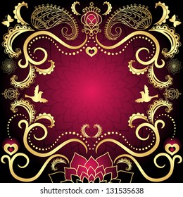 Purple-gold vintage valentine frame with red  hearts, birds and flowers (vector)