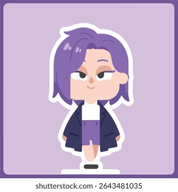 Personagem de cabelo roxo com Blazer: Ilustração lúdica e elegante