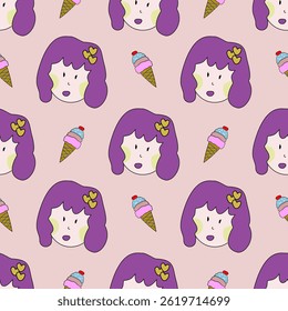 Purple-haired girl and ice cream hand-drawn vector illustration seamless pattern. Design for textiles, personal items for girls, diapers, curtains, blankets, and rugs.