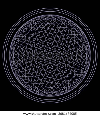 Purple-hued wireframe graphic of a sphere enclosed within several concentric circles on a black background
