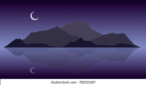 Purplenight over island,mountain silhouettes and new moon