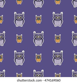Purple-orange sticker-like owls seamless pattern