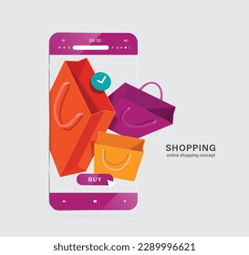 purple,orange,yellow shopping bag and buy icon floating on smartphone screen,vector 3d isolated on white background for delivery and online shopping concept design,vector for advertising design