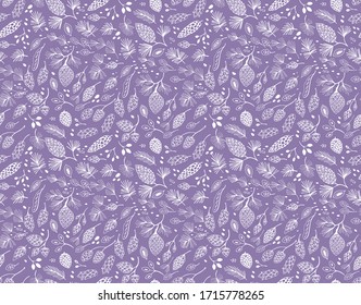 Purple-pink Seamless vector pattern with pine cones and conifer cones