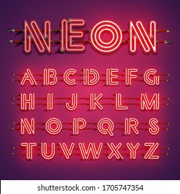 Purple/red high-detailed neon character set, vector illustration