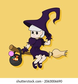 Purple-robed witch is riding a broomstick with a pot of Halloween treats isolated on yellow background, Halloween character vector illustration.