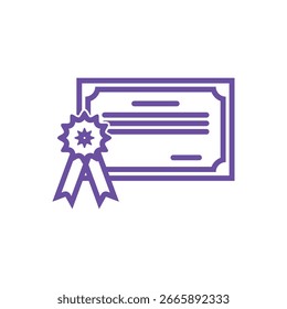 Ein violettes Vektorsymbol mit einem formalen Zertifikat, das mit einem Band verziert ist und Leistung und Anerkennung symbolisiert.