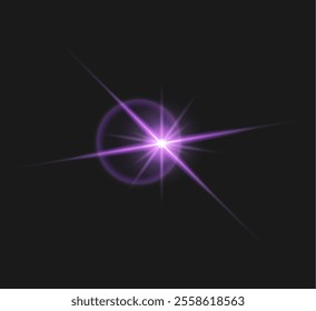 A purple-toned light flare with thin starry rays and a delicate halo. The concept showcases a glowing camera lens reflection on an isolated black background with a radiant aura and shimmering beams.