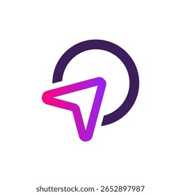 Uma seta de navegação de gradiente roxo para rosa é posicionada em um contorno circular roxo maior e mais escuro, simbolizando direção, orientação e descoberta