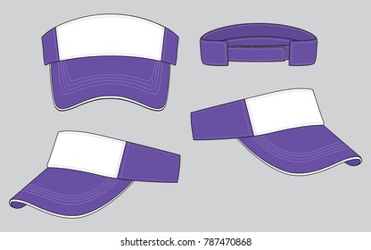 Purple-White Sun Visor Cap With White Sandwich, Adjustable Hook-Loop Closure Strap Design On Gray Background, Vector File