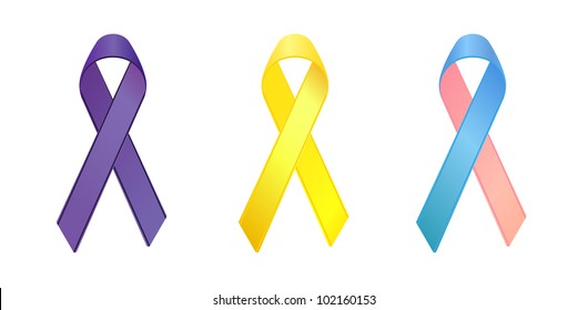 Purple,yellow, Blue And Pink Ribbons As Symbols Of General Cancer, Bone Cancer, Infertility Awareness