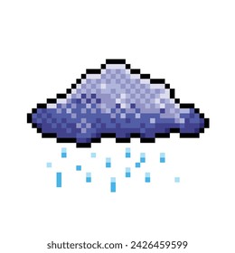 Purplish blue cloud with falling rain water drops. Pixel bit retro game styled vector illustration drawing. Simple flat cartoon drawing isolated on square white background.