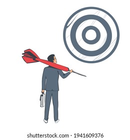 Purpose business concept. Purposeful businessman with spear in hand looks at the target. Achievement of goal. Vector illustration sketch design. Aspirational people. Challenge achieve aim.