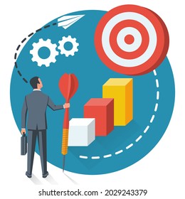Purpose business concept. Purposeful businessman with spear in hand looks at the target. Achievement of goal. Vector illustration flat design. Aspirational people. Challenge achieve aim.