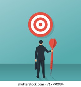 Purpose business concept. Purposeful businessman with spear in hand looks at the target. Achievement of goal. Vector illustration flat design. Aspirational people. Challenge achieve aim.