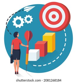Purpose business concept. Purposeful businesswoman with spear in hand looks at the target. Achievement of goal. Vector illustration flat design. Aspirational people. Challenge achieve aim.