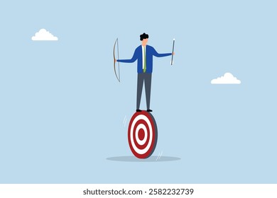 Purpose driven, determined entrepreneur practicing archery with bow and arrow aiming at the target