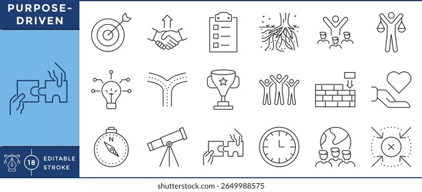 Purpose Driven icons set. Target, handshake, bulb, checklist, root, compass, telescope, target, and many more. Vector editable stroke.