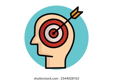 Zweck-Symbol. farbiger Umrisssymbolstil. Kopf mit Ziel. Symbol, das sich auf die Motivation bezieht. Erfolgselemente, Vektorgrafik