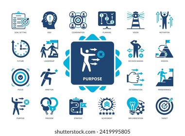 Juego de iconos de propósito. Configuración de objetivos, libertad, planificación, coordinación, motivación, ambición, objetivo, determinación. Iconos sólidos de color Duotone