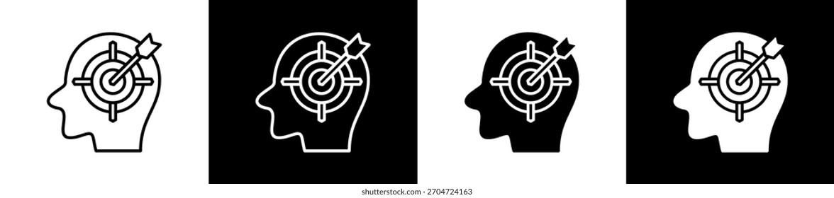 Variaciones de iconos de propósito en estilo de línea y glifo sobre fondo blanco y negro