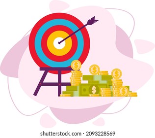 The Purpose Of Money Marketing. The Concept Of Achieving A Strategy, A Good Idea For The Target Audience. Target And Money. Flat Vector Illustration.