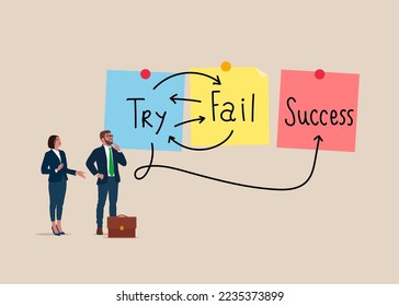 Purpose and movement to success despite obstacles. Try - Fail - Success. Vector flat style cartoon illustration.