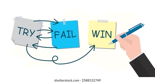 Purpose and movement to success despite obstacles. Notes with algorithm and probable courses of action. Businessman hand uses pen and drawing arrows show routes of movement. flat vector illustration